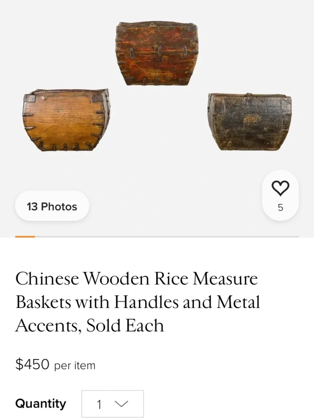 Antique Chinese Wooden Rice Measure Basket w/Handle and rustic metal accents